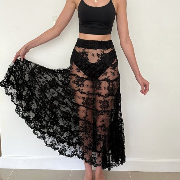 Sheer Black Lace Tiered Midi / Maxi Skirt XS - Picture 2 of 4